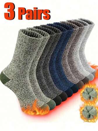 3 par tjocka, varma herrstrumpor till mitten av vaden, termiska handduksstrumpor för utomhusaktiviteter, vandring, cykling, löpning, fars dag-present