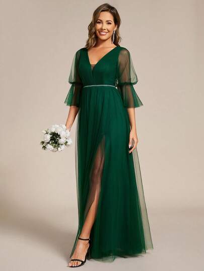 EVERPRETTY Vestido de dama de honor de malla ajustado a la cintura, elegante y clásico de color verde oscuro, adecuado para fiestas de boda