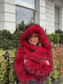 秋冬新款优雅高端时尚酒红色女士休闲仿皮草外套，长袖开襟连帽毛绒绒夹克，宽松短款时尚皮草上衣，适合秋冬季外出、新年夜、派对、约会、乡村、返校节、休闲、假日度假等场合穿着。 - 酒紅色 - 查看 4