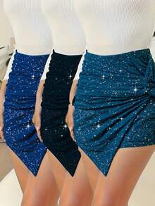Blingbling Women's Mid-Rise Asymmetric Shorts With Attached Skirt - Metallic Sheen Style For Fashion And Dancewear - 黑色 - 查看 6