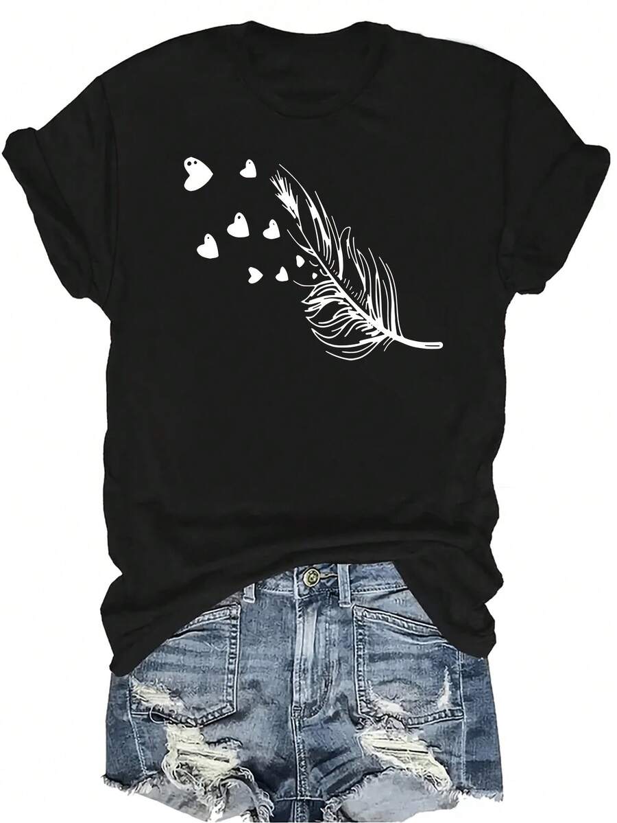 [Camiseta de moda casual] Camiseta suave y cómoda para mujer - Corazones de plumas negro y blanco, manga corta, cuello redondo, casual. Regalo perfecto para la abuela y la mamá, uso casual de primavera y verano - Negro - Ver 1