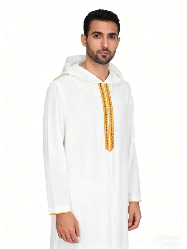 ثوب طويل الأكمام أبيض مطرز للرجل المسلم، عباءة مغربية ذات قبعة، ثوب سعودي إسلامي فضفاض لصلاة الرجال، ملابس تقليدية أنيقة وفاخرة للرجال في رمضان