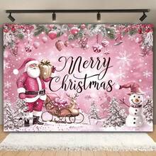 1 pieza Pancarta de fondo con tema navideño en color rosa con Papá Noel y muñecos de nieve, adecuada para decoración de fiesta de Navidad, decoración de jardín, decoración de pared, decoración del hogar, fondo de fotografía, aniversario y decoración de patio
