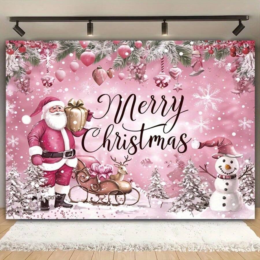 1 pieza Pancarta de fondo con tema navideño en color rosa con Papá Noel y muñecos de nieve, adecuada para decoración de fiesta de Navidad, decoración de jardín, decoración de pared, decoración del hogar, fondo de fotografía, aniversario y decoración de patio