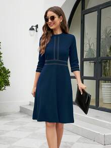 HOMEYEE Women's Round Neck 3/4 Sleeve Vintage Casual Flared A-Line Midi Dress For Work/Vacation - Navy Blue - View 10