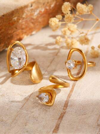 3 st/set moderiktiga rostfria stålringar med släta vattendroppar och oregelbundna former, lämpliga för kvinnors vardagskläder