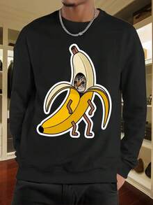 Men's Funny Banana & Monkey Graphic Long Sleeve Sweatshirt - White Casual Pullover With Pockets, Round Neck, Machine Washable, Comfortable Casual Attire For Themed Parties & Everyday Outfits,Fall Hoodies,Men's Fall Clothes,Street Wear,Halloween,Mens Hoodies,Y2k Clothes,Jesus Hoodie,Thanksgiving Day,Nightmare Before Christmas,Christmas - 黑色 - 查看 1
