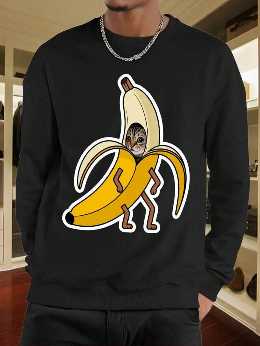 Men's Funny Banana & Monkey Graphic Long Sleeve Sweatshirt - White Casual Pullover With Pockets, Round Neck, Machine Washable, Comfortable Casual Attire For Themed Parties & Everyday Outfits,Fall Hoodies,Men's Fall Clothes,Street Wear,Halloween,Mens Hoodies,Y2k Clothes,Jesus Hoodie,Thanksgiving Day,Nightmare Before Christmas,Christmas - 黑色 - 查看 1