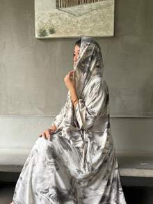 2pcs Elegant Minimalist Watercolor Floral Print Bathrobe With Headscarf, Suitable For Vacation, Beach, Party, Black Spring Wear - Black - View 3