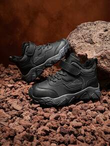 1 Pair Children's High-Top Warm Sports Shoes, Thermal-Lined Thick Warm Non-Slip Mid-Top Hiking Shoes, Suitable For Children And Teenagers Outdoor Wear In Winter, Fashionable And Stylish For Boys - Black - View 3