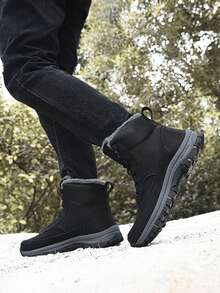 冬季户外运动男士徒步靴 - 真皮雪地靴 - 时尚大码高帮皮靴 - 休闲黑色橡胶鞋