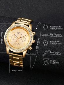 2pcs/Set Women's Quartz Wrist Watch With Steel Band, Rhinestone Accents, 3-Eye Roman Numeral Dial + Bracelet, Watch Box Not Included - Gold - View 5