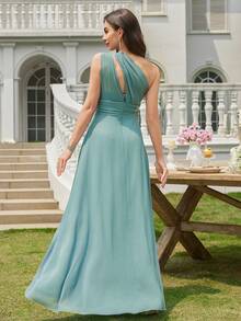 Volly Toych Cadet Blue A-Line One Shoulder Keyhole Ruched Chiffon Elegant Maxi Formal Bridesmaid Dress, Wedding Guest - Teal Blue - View 3