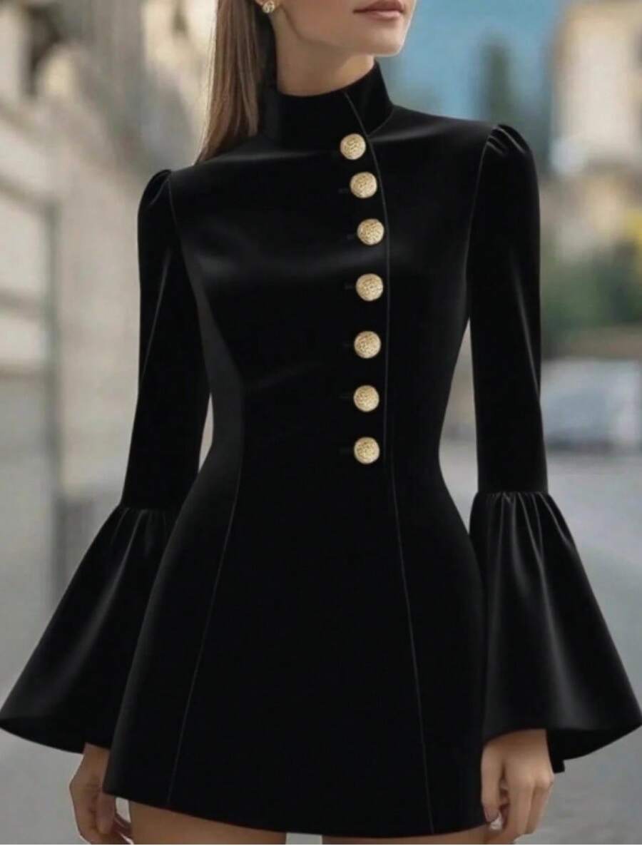 Women's High Neck Puff Sleeve Button Decorated A Line Mini Dress - 黑色喇叭袖 - 查看 1