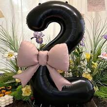 2pcs/Set 40-Inch Black Number Shaped Foil Balloons With Pink Matte Bow Decor, Suitable For Birthday Party, Wedding, Outdoor Event, Anniversary, Holiday, Thanksgiving, Harvest Season, Valentine's Day, Christmas, Party Celebration Atmosphere And Backdrop Decoration - Black - View 7