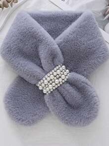 1件装女士保暖毛绒交叉珍珠加厚多功能围脖，冬季连衣裙适用