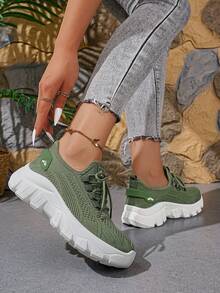 "Export Platform Round Toe Slip-On Sports Shoes Women 2025 Summer Large Size Breathable Running Shoes Soft Sole Casual Lace-Up Lightweight Women" - Green - View 3