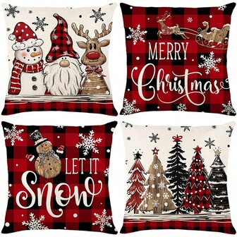 4 Piezas/1 Set Fundas de Almohada Navideñas (Diseños de Papá Noel y Muñeco de Nieve) Decorativas para el Hogar, Adecuadas para Cojines de Sofá de Sala de Estar y Fundas de Almohada de Dormitorio Decoraciones Navideñas Decoración Navideña Decoración del Hogar