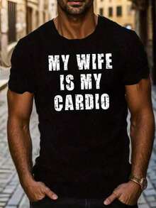 Camiseta de Verano de Manga Corta Impresa Mi Esposa Mi Cardio Marca de Moda Americana Impresión Camisetas de Moda Casual de Cuello Redondo para Hombres Jóvenes Camisetas Deportivas al Aire Libre para Hombres - Negro - Ver 1