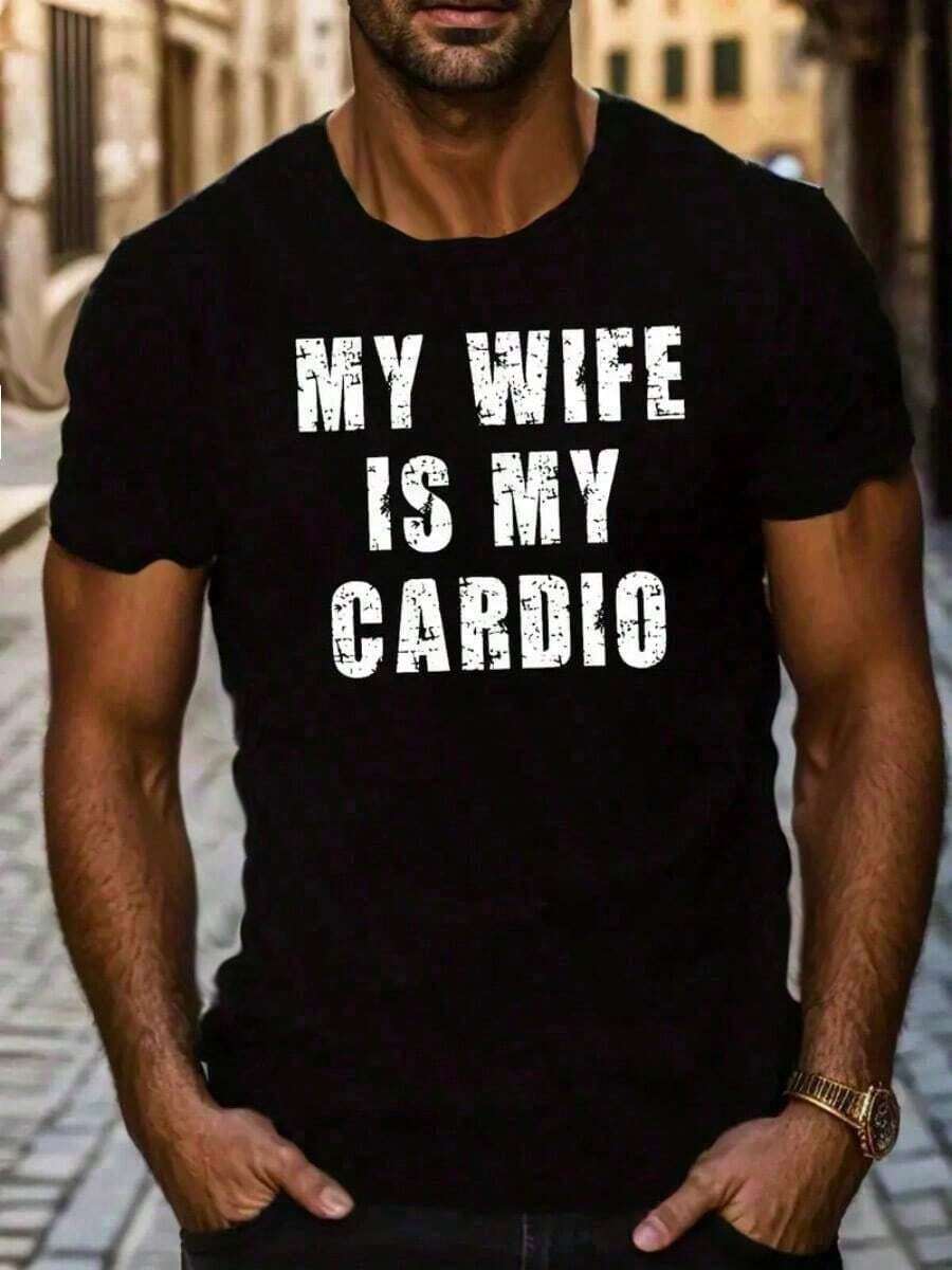 Camiseta de Verano de Manga Corta Impresa Mi Esposa Mi Cardio Marca de Moda Americana Impresión Camisetas de Moda Casual de Cuello Redondo para Hombres Jóvenes Camisetas Deportivas al Aire Libre para Hombres - Negro - Ver 1