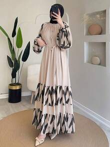 [Maxi Dress] Beige & Black Long Sleeve Maxi Dress | Women's Middle Eastern-Inspired Traditional Attire With Puff Sleeves & Adjustable Waist Tie, Machine Washable For Casual To Formal Occasions - Apricot - View 4