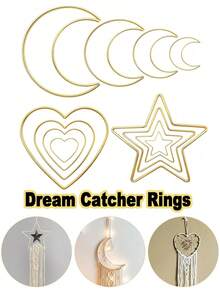 4 PIEZAS Aros de atrapasueños, aros de metal para hacer atrapasueños, luna, estrella, corazón, círculo dorado macramé para decoración de corona de boda, manualidades de pared colgante, Navidad, decoración del hogar, 1 PIEZA