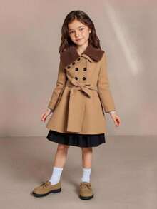 SHEIN 年轻女孩博格领双排扣束带大衣 - 卡其色 - 查看 4