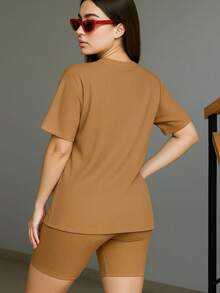 Set playera larga shorts biker dama juvenil fresco cómoda casual informal casa loungewear conjunto básico México - Camel - Ver 3