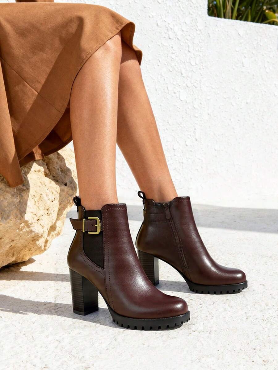 KESCA Boots Stivaletti bassi da donna, stivaletti autunno-inverno da donna con plateau - Tacco alto e spesso, design  con cerniera interna, elastico e fibbia - Castano - Visualizzare 1