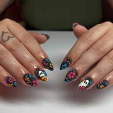 Halloween Floral & Skull Almond-Shaped Finished Press-On Nails |   Nail Art