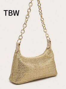 Women's Underarm Shoulder Bag, Square Metal Chain Bag, Large Capacity, Lightweight, Casual & Fashionable Beach Vacation Style, Suitable For Shopping And Vacation - Gold - View 1