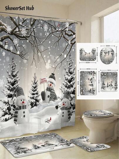 1/3/4 件冬季仙境雪人和松树浴帘浴室套装，防水耐磨配件，带 12 个挂钩 - 包括马桶座套、浴垫和地毯 - 非涤纶面料 - 可水洗 - 非常适合节日装饰、家居/卧室/房屋/西方装饰，