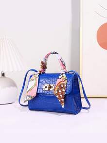 1pc Girls' Solid Color Mini Crossbody Bag, Scarf Decor Handbag, Suitable For Daily Use, Ideal Gift Choice - Royal Blue - View 2