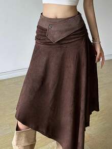 Top Dazzle 纯色宽松街头时尚高腰不对称下摆女裙 - 棕色 - 查看 2