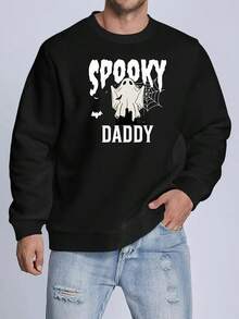 Men's Halloween & Bat Print Sweatshirt - Casual Stretch Fabric, Round Neck Pullover For Spring-Fall, Spider Web Element, English Letters, Comfortable,Fall Hoodies,Men's Fall Clothes,Street Wear,Halloween,Mens Hoodies,Y2k Clothes,Jesus Hoodie,Thanksgiving Day,Nightmare Before Christmas,Christmas - Black - View 1