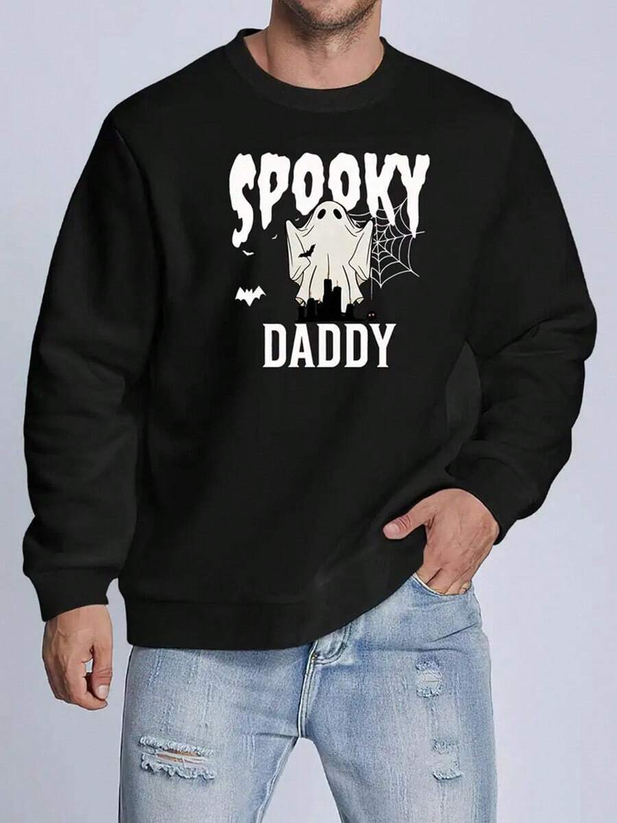 Men's Halloween & Bat Print Sweatshirt - Casual Stretch Fabric, Round Neck Pullover For Spring-Fall, Spider Web Element, English Letters, Comfortable,Fall Hoodies,Men's Fall Clothes,Street Wear,Halloween,Mens Hoodies,Y2k Clothes,Jesus Hoodie,Thanksgiving Day,Nightmare Before Christmas,Christmas - Black - View 1