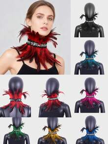 Women Gothic Artificial Feather Scarf Stylish Lace Decor Fake Collar Shawl Vintage Halloween Party Dress Up Cape