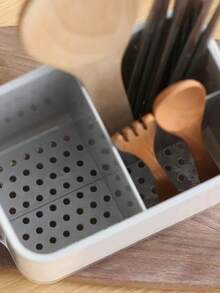 1PC Cutlery Draining Bucket And Kitchen Utensils Storage Box With Transparent Lid - Space-Saving Vertical Design With Cutlery Slot, Large Capacity Base For Storing Spoons, Spatulas, Slotted Spoons And Other Tools - Durable And Stylish Countertop Organizer For Kitchen Essentials, Dishwasher (Dishwasher- Filter Mesh Included)