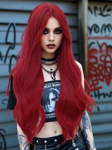 clouder Red Extra Long Curly Wig 30 Inch Cosplay Wig Halloween Christmas Wig Elegant Soft Matte Hair Loose Curls Casual Going Out Street Punk Wig Rock Wig Fluffy Natural Cool Girl Synthetic Heat Resistant Fiber Wig Suitable For Women Daily Party Wig Music Festival Wig Avant-Garde College Style Wig Modern Fashion Gothic Wig - 紅色 - 查看 4