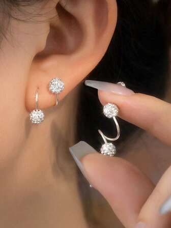 2 PCS Versatile And Fashionable S925 Sterling Silver Round Zirconia Screw Earring For Women's Parties And Music Festivals Outfit