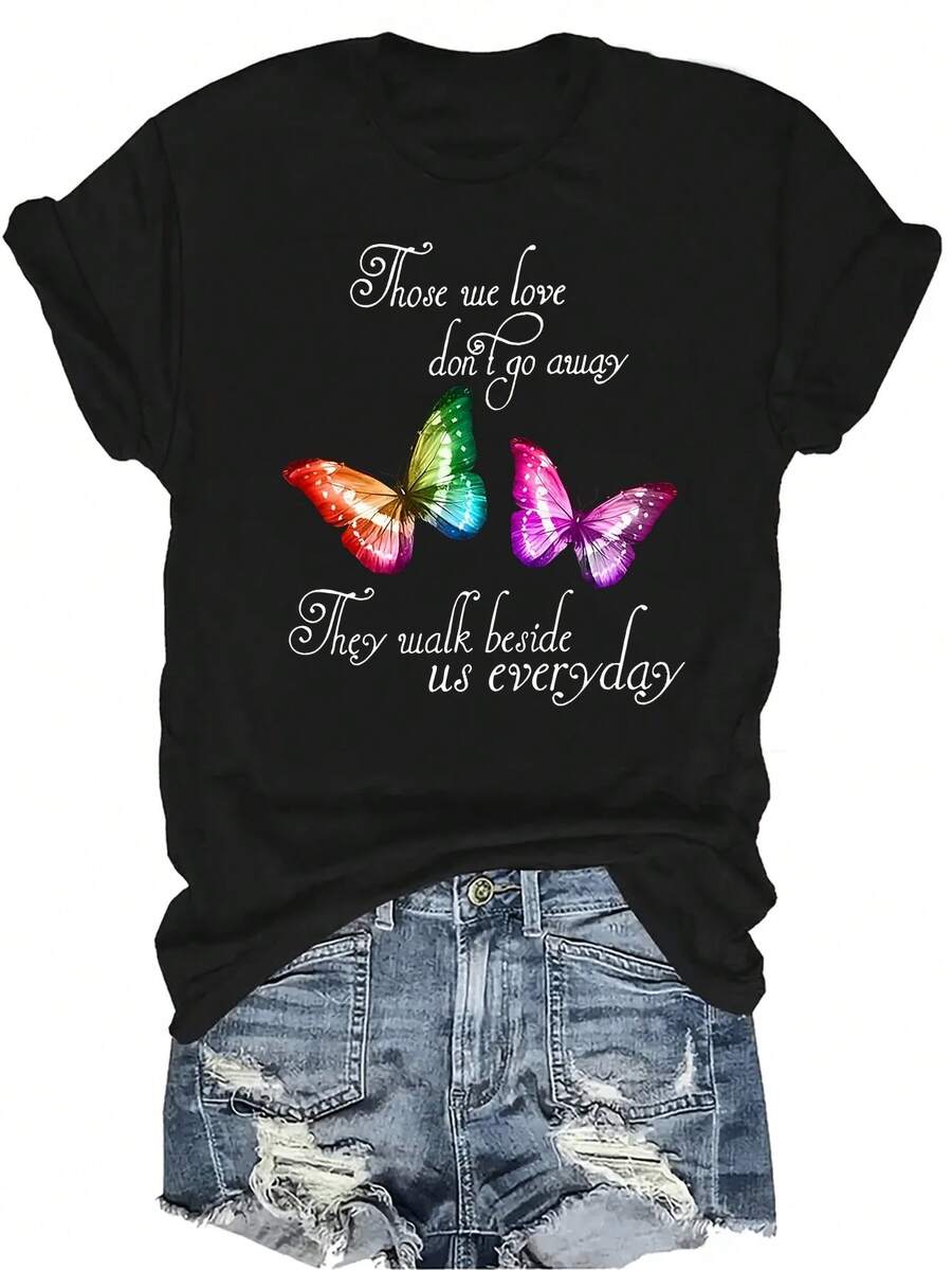 [Camiseta de Moda Casual] Camiseta de Mujer Suave y Cómoda - Mariposas "El Amor Nunca Muere" Casual de Manga Corta y Cuello Redondo, Regalo Perfecto para Abuela y Mamá, Uso Casual de Primavera y Verano - Negro - Ver 1