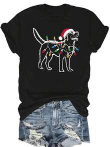 [Camiseta de moda casual] Camiseta suave y cómoda para mujer - Luces de perro navideño Casual de manga corta y cuello redondo, regalo perfecto para la abuela y la mamá, uso casual de primavera y verano - Negro - Ver 1