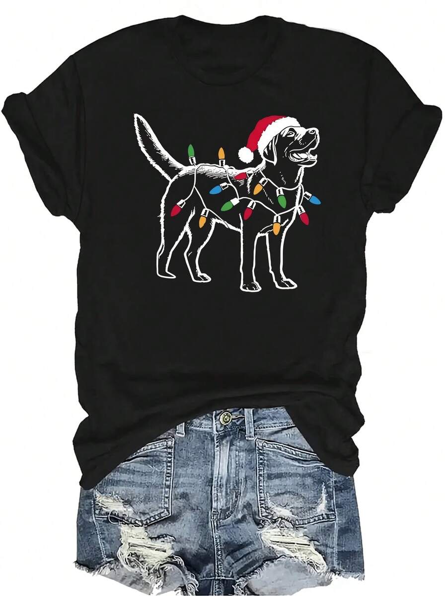 [Camiseta de moda casual] Camiseta suave y cómoda para mujer - Luces de perro navideño Casual de manga corta y cuello redondo, regalo perfecto para la abuela y la mamá, uso casual de primavera y verano - Negro - Ver 1