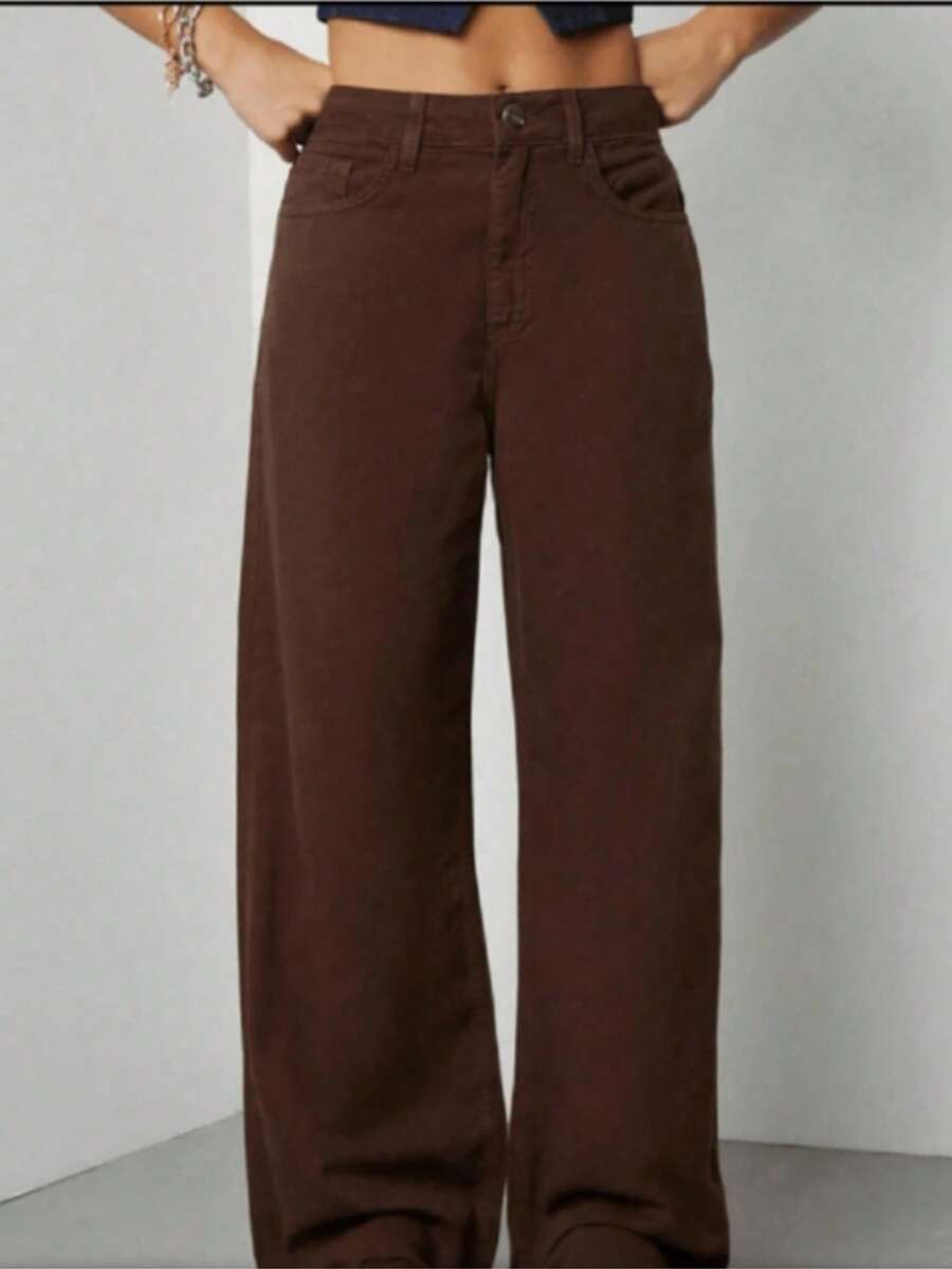 Women's Casual Long Straight Jeans Brown Washed Mid-Stretch Fabric Jeans For Daily Wear - 咖啡棕 - 查看 1