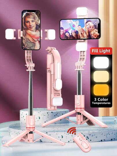 TOKQI 44.9 Inch Extendable Selfie Stick Tripod With Dual Fill Lights And Detachable Remote, Portable Phone Tripod With 360° Rotation, Suitable For Travel Live Streaming Vlog, Compatible With IPhone 14/13/12/11, Android IOS Smartphones, Pink