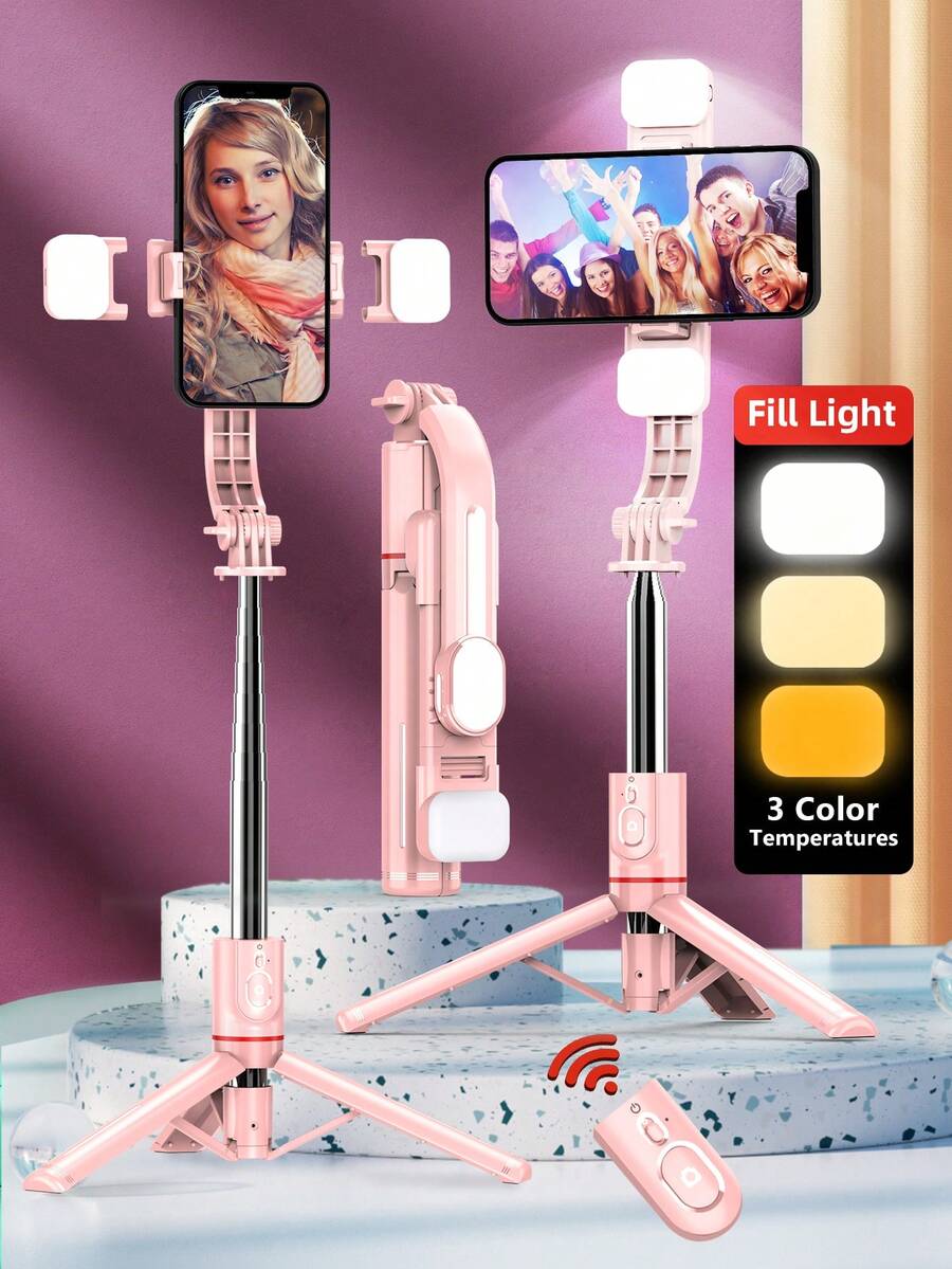 TOKQI 44.9 Inch Extendable Selfie Stick Tripod With Dual Fill Lights And Detachable Remote, Portable Phone Tripod With 360° Rotation, Suitable For Travel Live Streaming Vlog, Compatible With IPhone 14/13/12/11, Android IOS Smartphones, Pink