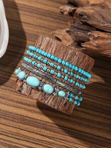 5pcs/Set Western Cowboy Style Vintage Simulated Turquoise Beaded Elastic Rope Bracelet Set, Unisex Daily Wear - Multicolor - View 3