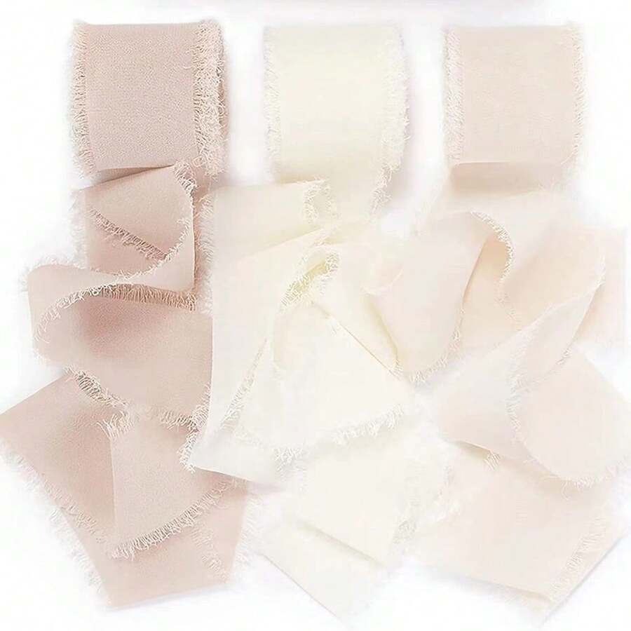 3捲，3色，手工邊縫雪紡絲帶，適用於婚禮請柬、新娘花束、禮品包裝、DIY手工藝品，適用於鄉村風格婚禮請柬、蝴蝶結、花環、DIY手工藝品、聖誕裝飾、DIY家居裝飾、婚禮派對和禮品包裝