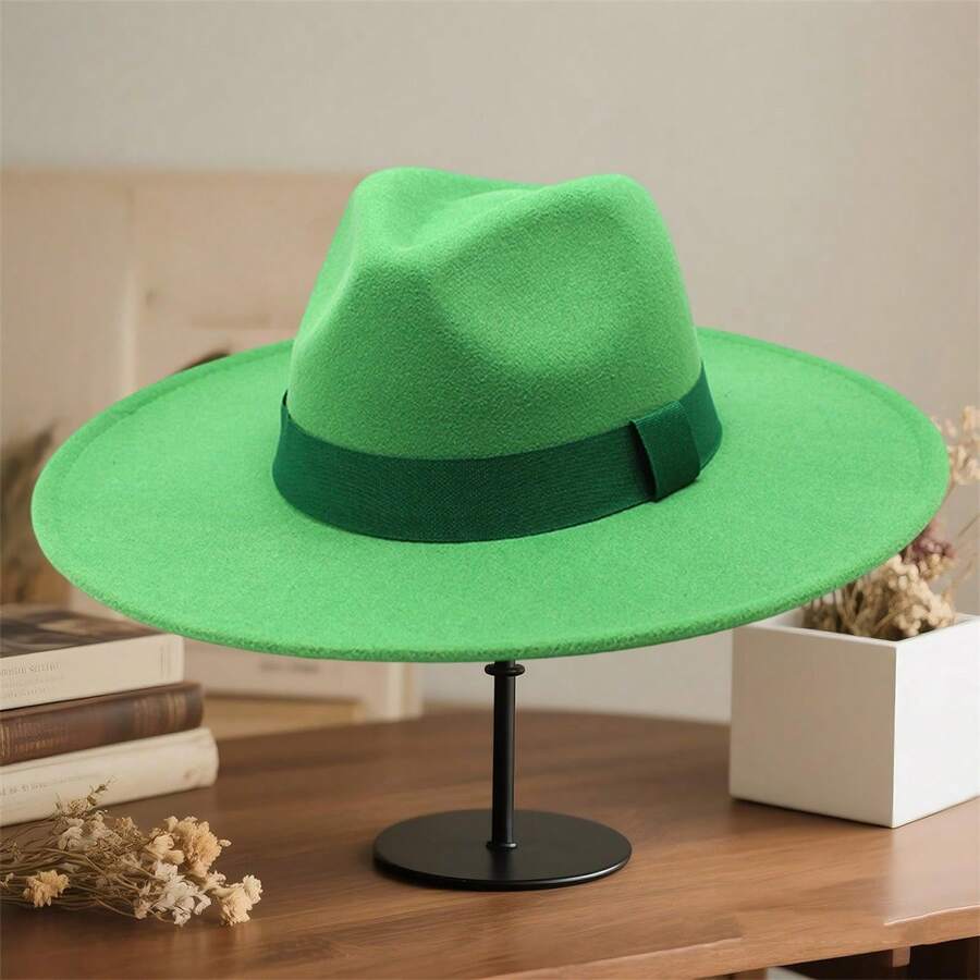 Adults Panama Hat With Ribbon Band Fashionable Wide Brim Felt Fedora Caps For Daily Life And Party - 綠色 - 查看 1