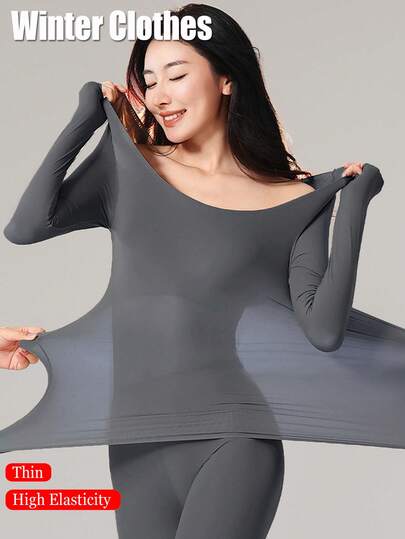 Women's Seamless Lace Thermal Underwear, Thin Long Sleeve Tops, Solid Color Warm Comfortable Undershirt, Crew Neck Skin-Friendly Slim Fit Lightweight Warm Base Layer For Autumn/Winter